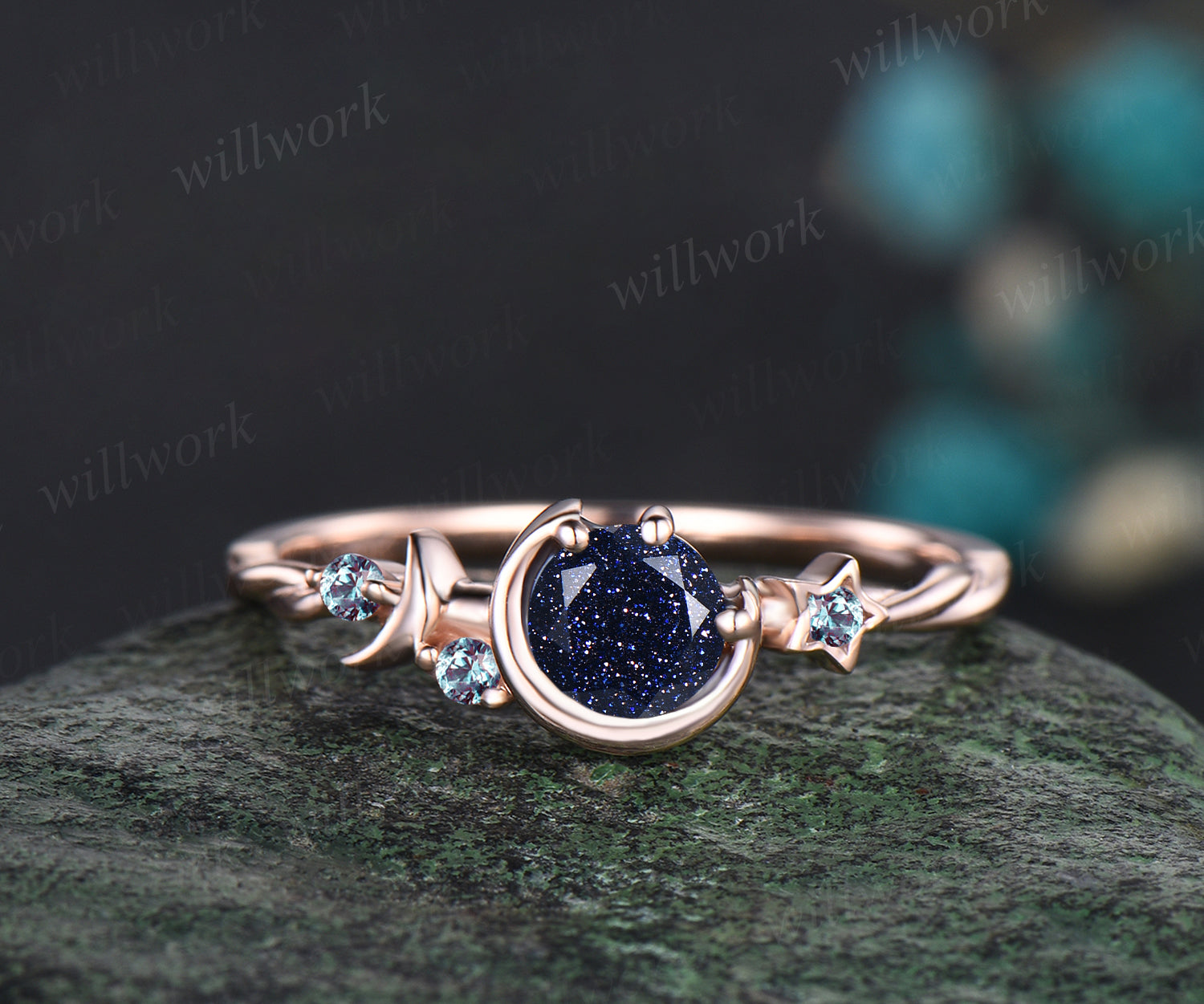 Round Cut Blue Sandstone Engagement Ring Unique Moon Star Twisted