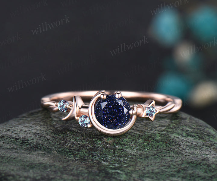Round Cut Blue Sandstone Engagement Ring Unique Moon Star Twisted Ring Art Deco Opal Moonstone Anniversary Gift Women Jewelry