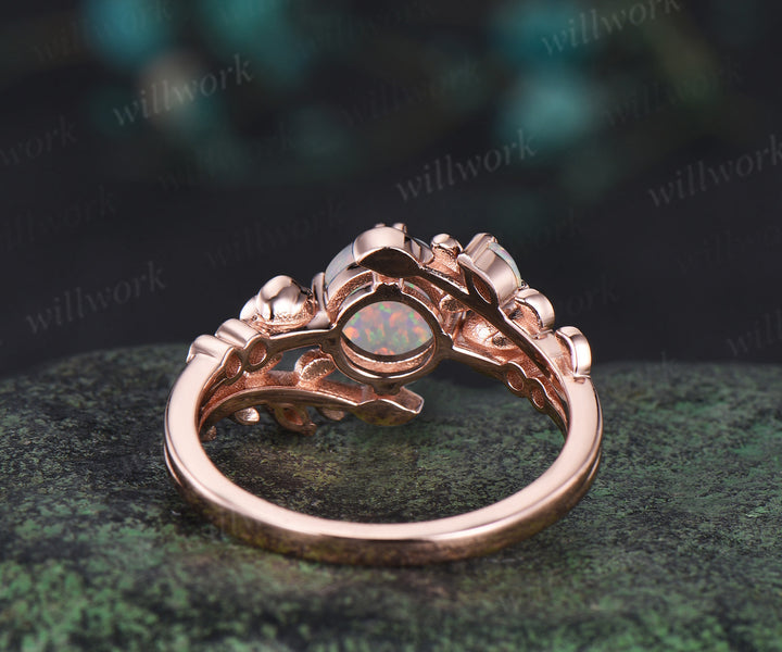 Round cut white opal engagement ring 14k rose gold leaf floral bezel diamond ring vintage split shank 8 prong wedding ring women