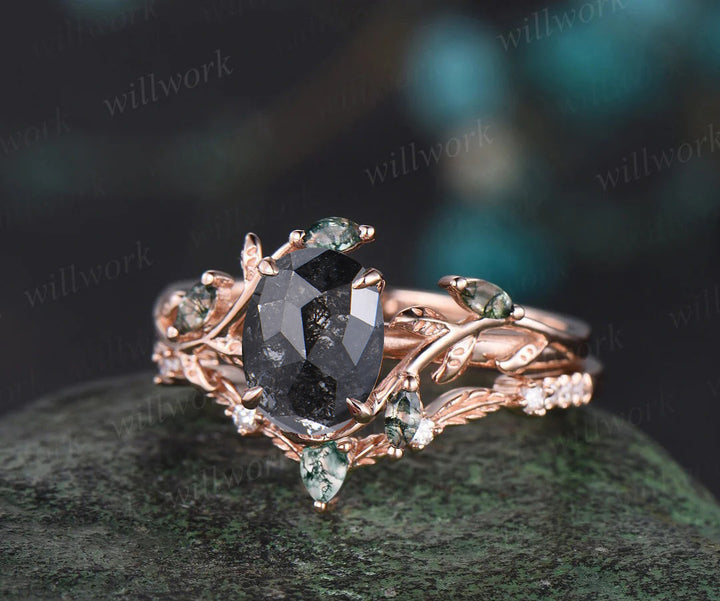Vintage oval cut salt and pepper diamond engagement ring art deco cluster leaf nature inspired bridal promise wedding ring set women