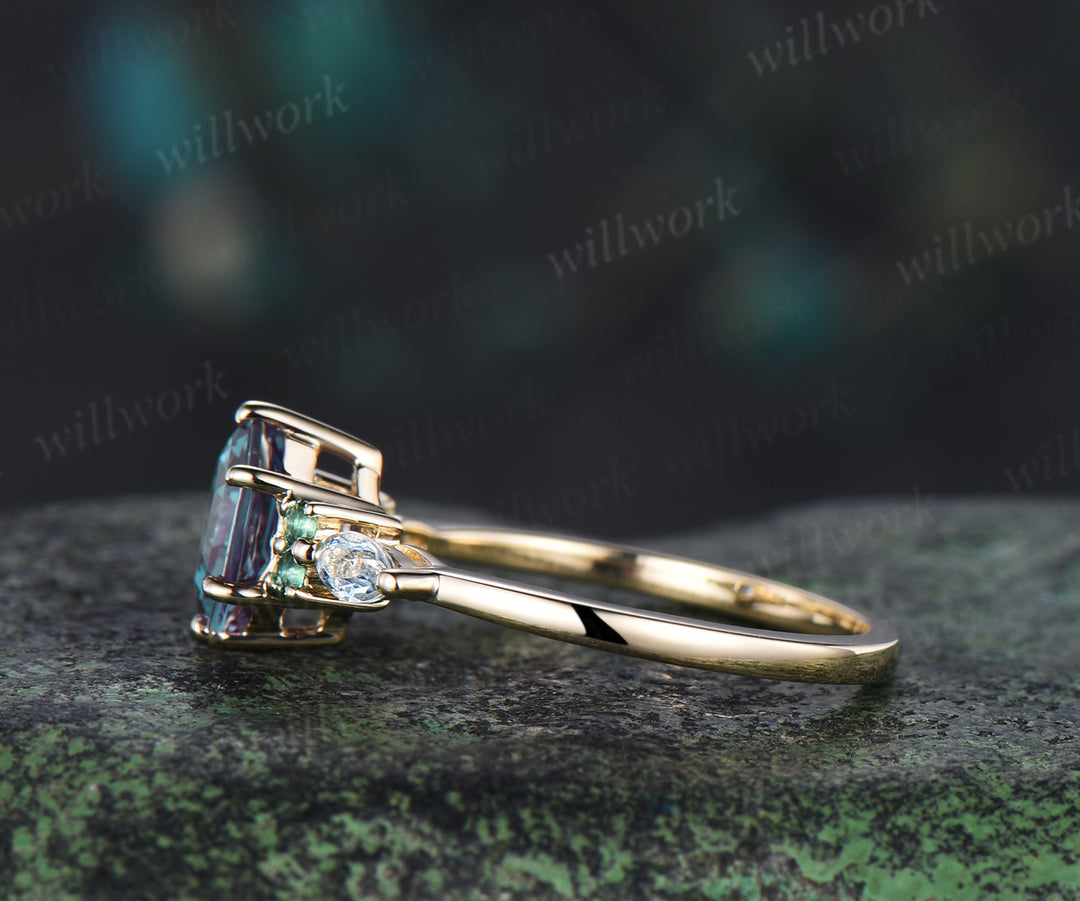 Hexagon cut alexandrite engagement ring round emerald marquise moonstone seven stone ring unique color change gem ring for women