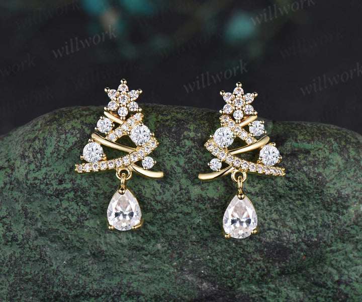 Christmas Tree Pear-cut Emerald Earrings Round Ruby Moissanite Earrings