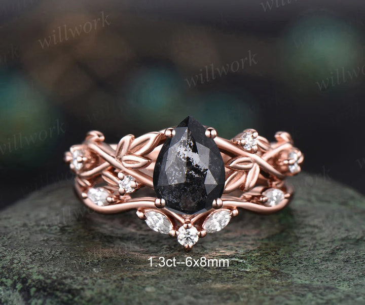 Twig Pear Salt and Pepper Diamond Engagement Ring Set Nature Inspired Leaf Aniversary Ring for Women