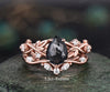 Twig Pear Salt and Pepper Diamond Engagement Ring Set Nature Inspired Leaf Aniversary Ring for Women