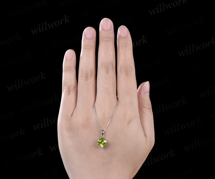 Dainty cushion cut peridot Necklace solid 14k white gold square cut Solitaire Pendant Minimalist anniversary gift August birthstone