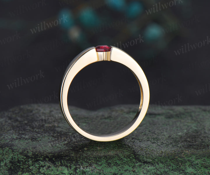 Men Ruby Rings 14K Solid Rose Gold Polish Band Male 4mm Hexagon cut red ruby Band Tension Set Ring Men Gemstone Promise Wedding Band