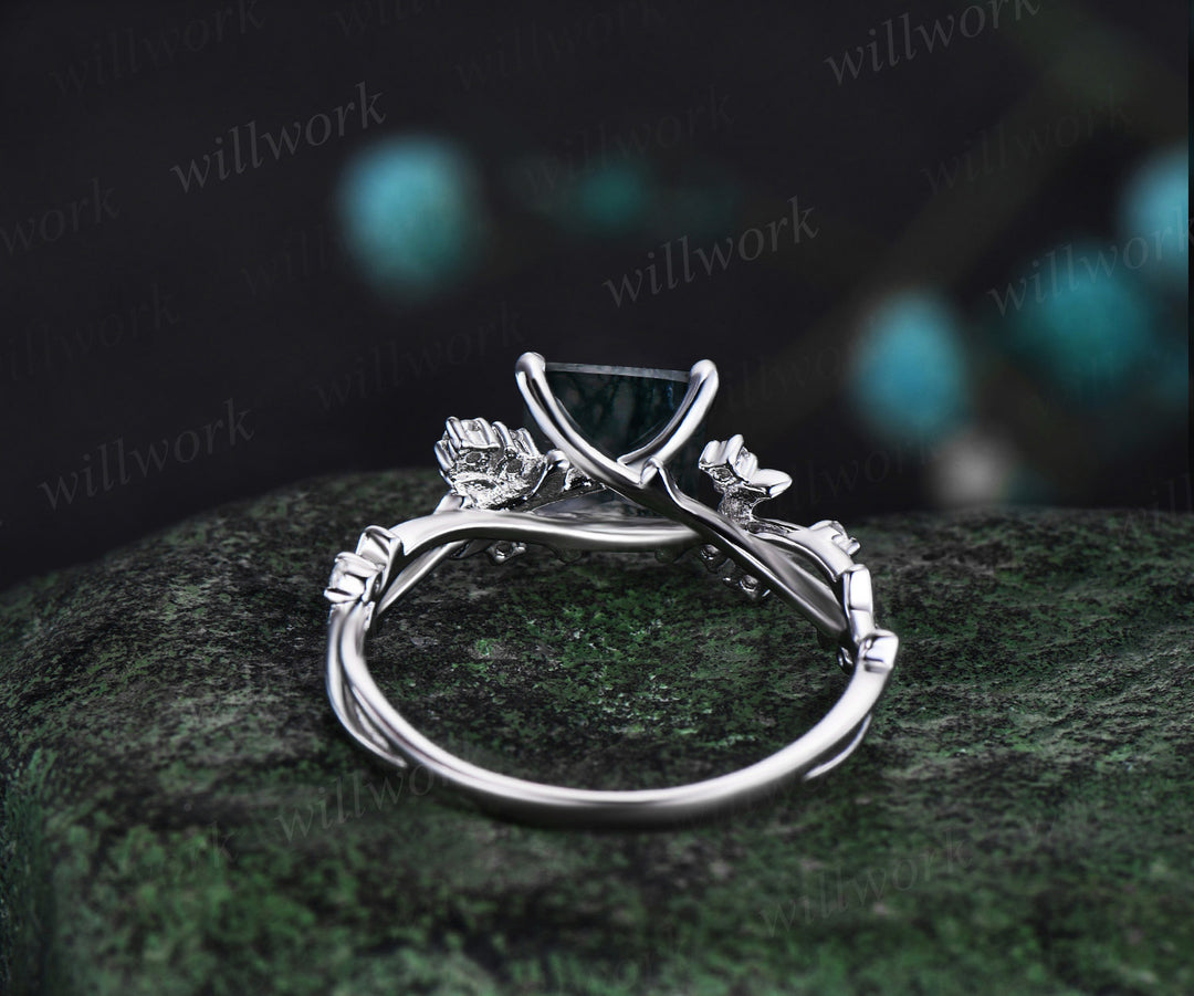 Princess cut moss agate ring vintage white gold diamond unique vine branch moon engagement ring infinity wedding anniversary ring women gift