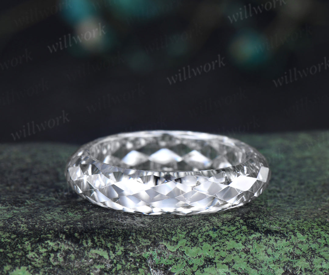 Briolette cut white moissanite wedding band mens full eternity unique bridal engagement ring gift for him husband