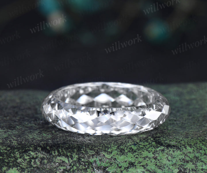 Briolette cut white moissanite wedding band mens full eternity unique bridal engagement ring gift for him husband