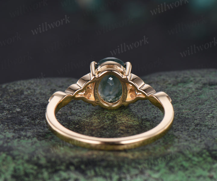 Oval cut moss agate ring yellow gold Celtic knot diamond ring marquise unique Engagement Ring women dainty promise ring