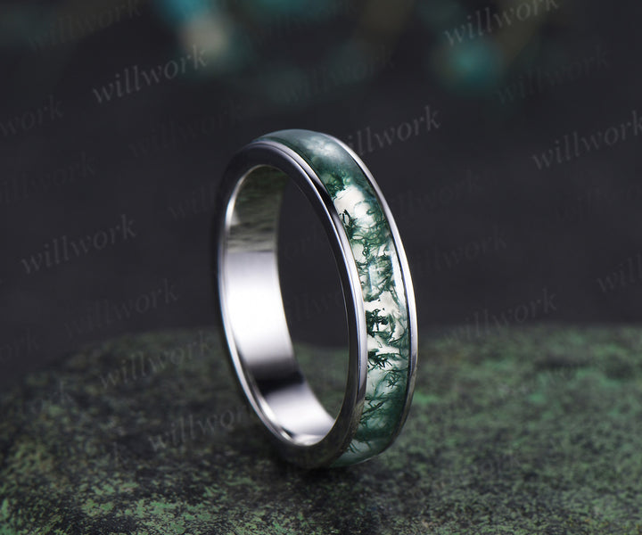 Full eternity natural moss agate wedding ring mens solid 14k 18k white gold unique wedding bridal ring women