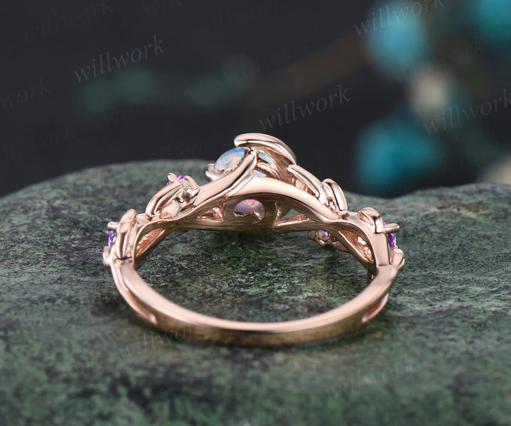 Round Cut Opal October birthstone Engagement Ring Unique Amethyst Moon Star Wedding Ring Leaf Vine Twig Branch Nature Inspired Anniversary Ring Jewelry Gift