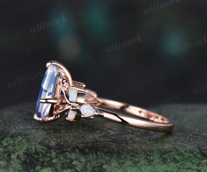 Unique kite cut natural moonstone engagement ring leaf cluster opal ring 14k rose gold antique promise wedding ring women jewelry