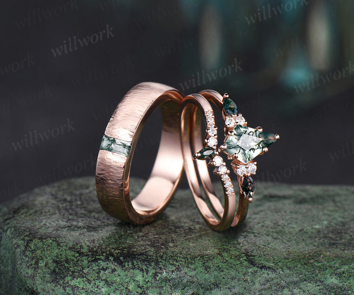 Captivating Moss Agate Kite Ring Set | Refined baguette Moss Agate Men's Ring 14K rose gold couple set jewellery Perfect for Valentine's Day Gifts and Thoughtful Presents for Her