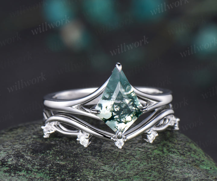 Kite cut moss agate bridal ring set white gold unique split shank engagement ring infinity wedding ring set women