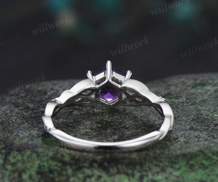 Hexagon amethyst ring vintage white gold Celtic knot princess cut amethyst ring women five stone unique engagement ring jewelry gift