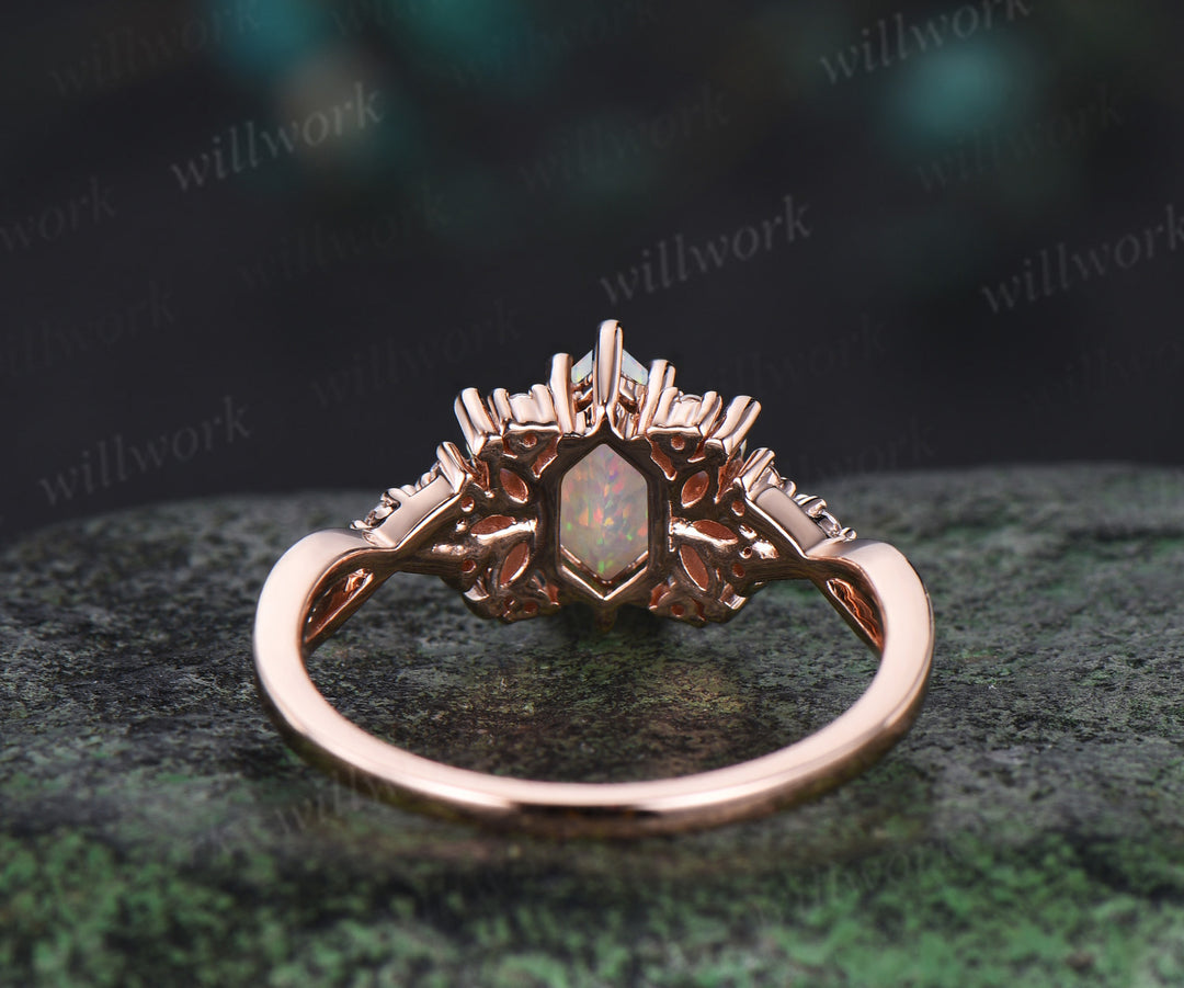 Vintage Long Hexagon cut white opal engagement ring cluster marquise cut opal wedding ring art deco infinity band ring for women