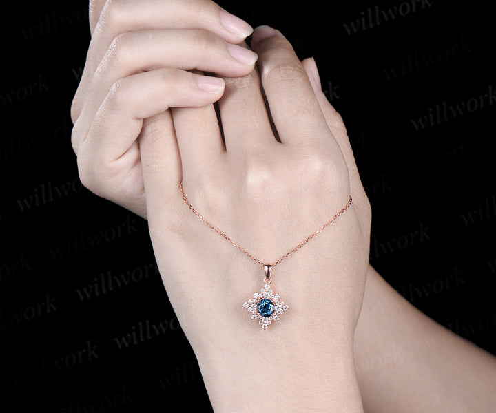 Dainty Round Cut Natural London Blue Topaz Necklace 14k Rose Gold Moissanite Halo Cluster Pendant Minimalist December Birthstone Necklace