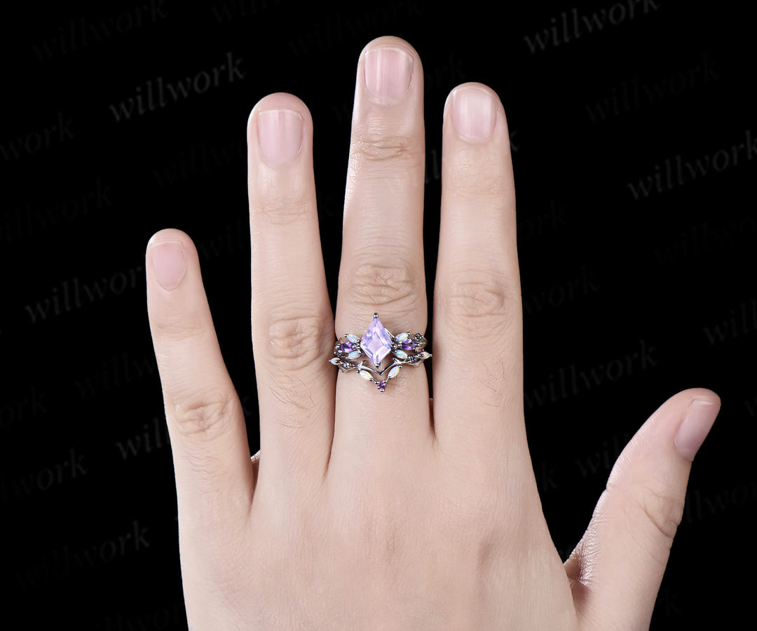Enchanting kite cut 14k Gold Lavender Amethyst Butterfly Engagement Ring Set with Vine Branch Accents