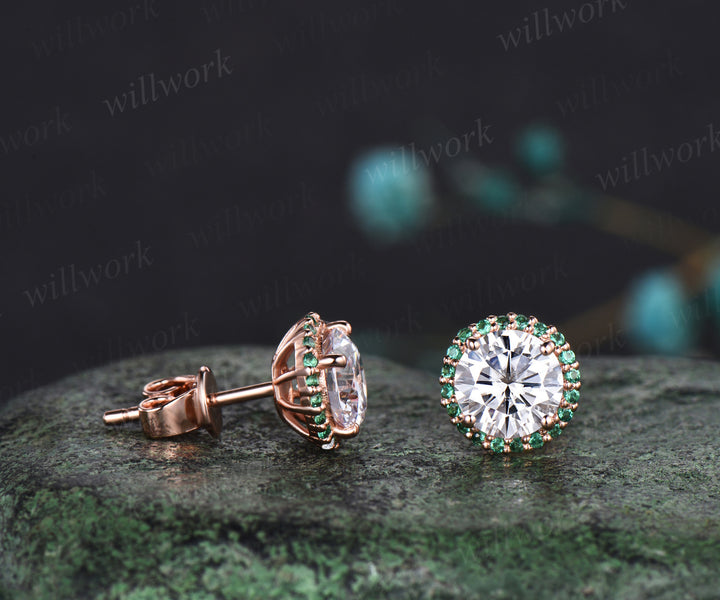 WillWork Jewelry Moissanite Round Cut Earrings Vintage halo Earrings emerald around Promise Earrings