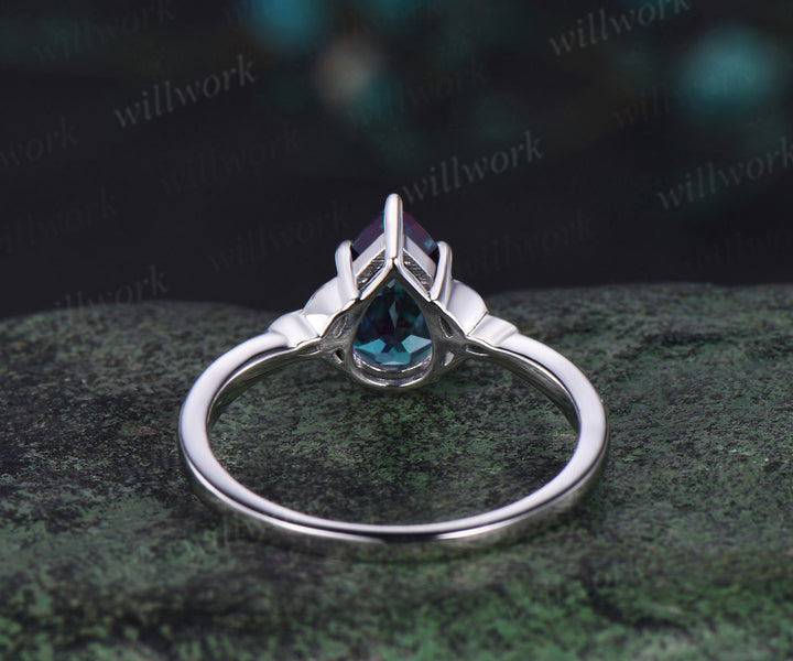 Unique pear shaped alexandrite engagement ring set rose gold silver Celtic Knot Norse Viking ring band vintage moissanite wedding ring set