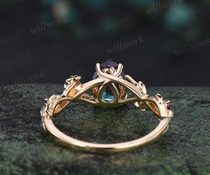 Pear alexandrite ring yellow gold amethyst ruby sapphire infinity leaf floral engagement ring antique wedding ring