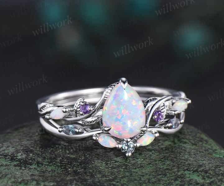 Nature Inspired opal Bridal Set 14k white gold Unique Twig Vine Teardrop opal Engagement Ring Ring Set ameethyst ring owmen