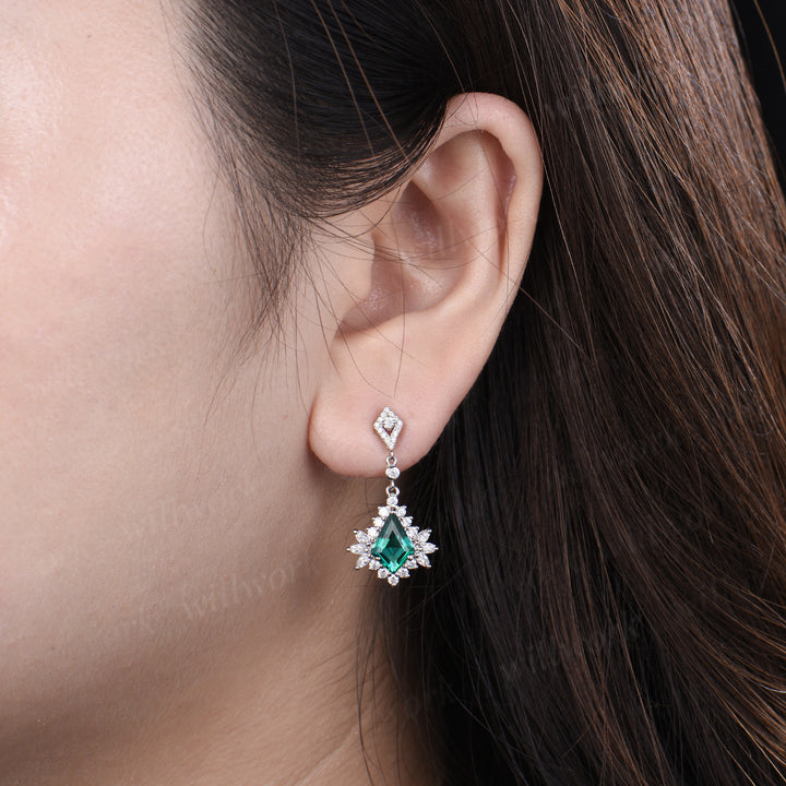 Vintage kite cut emerald drop earrings marquise moissanite halo dangel earrings May birthstone jewelry gifts for women