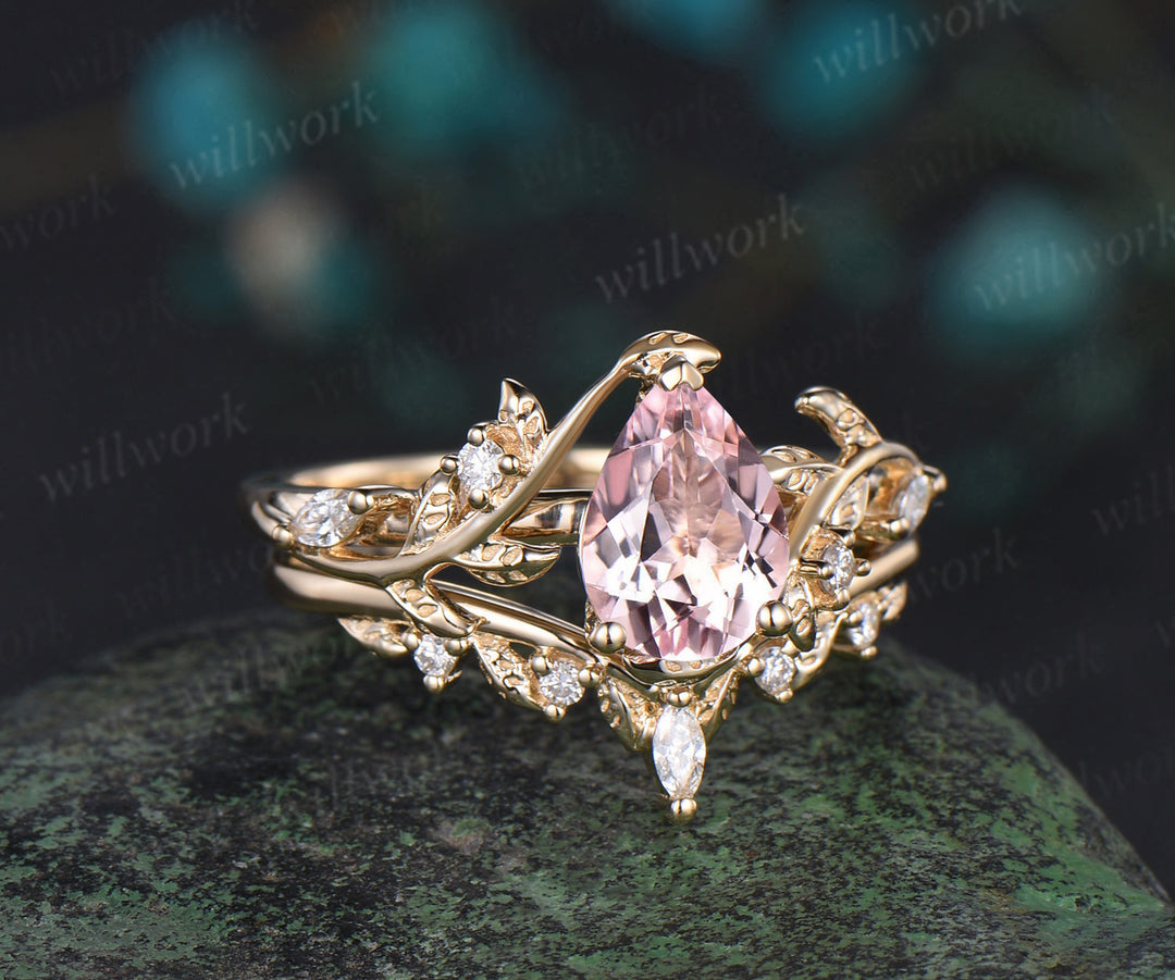 Pear shaped pink morganite engagement ring set solid 14k yellow gold leaf branch nature inspired promise bridal ring women jewelry