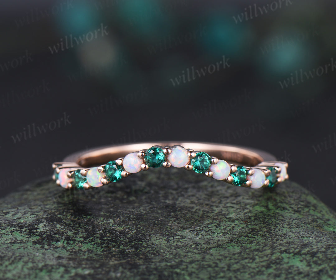 Curved opal emerald wedding band solid 14k rose gold Multi-Stone rings stacking bridal anniversary ring women gift