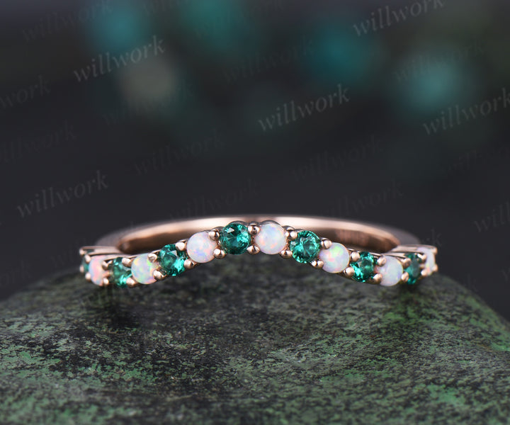 Curved opal emerald wedding band solid 14k rose gold Multi-Stone rings stacking bridal anniversary ring women gift