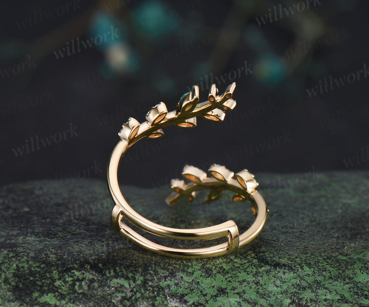 Emerald alexandrite leaf wedding band enhancer wraps solid 14k yellow gold cluster double open gap diamond ring women art deco anniversary gift