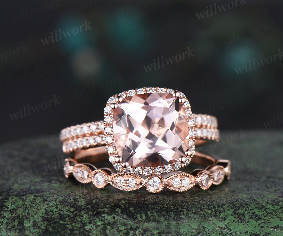 Cushion Cut Morganite Engagement Ring Set halo half eternity diamond wedding ring set rose gold art deco Milgrain bridal set jewelry