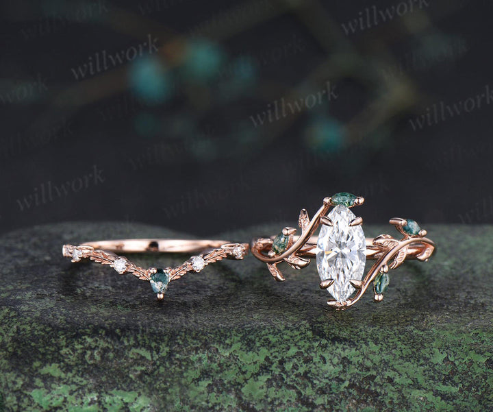Marquise lab grown diamond leaf ring set marquise moss agate wedding ring nature inspired bridal set