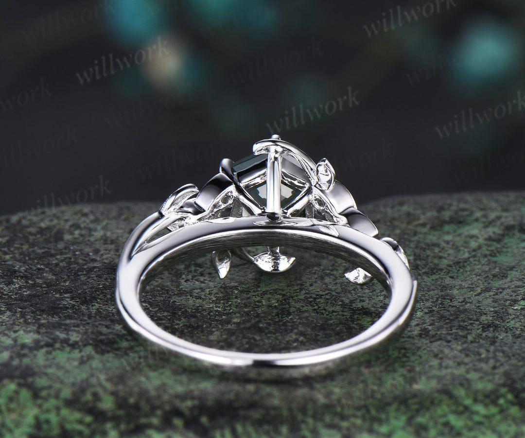 Hexagon cut Natural moss agate Celtic knot engagement ring white gold emerald leaf ring women anniversary gifts