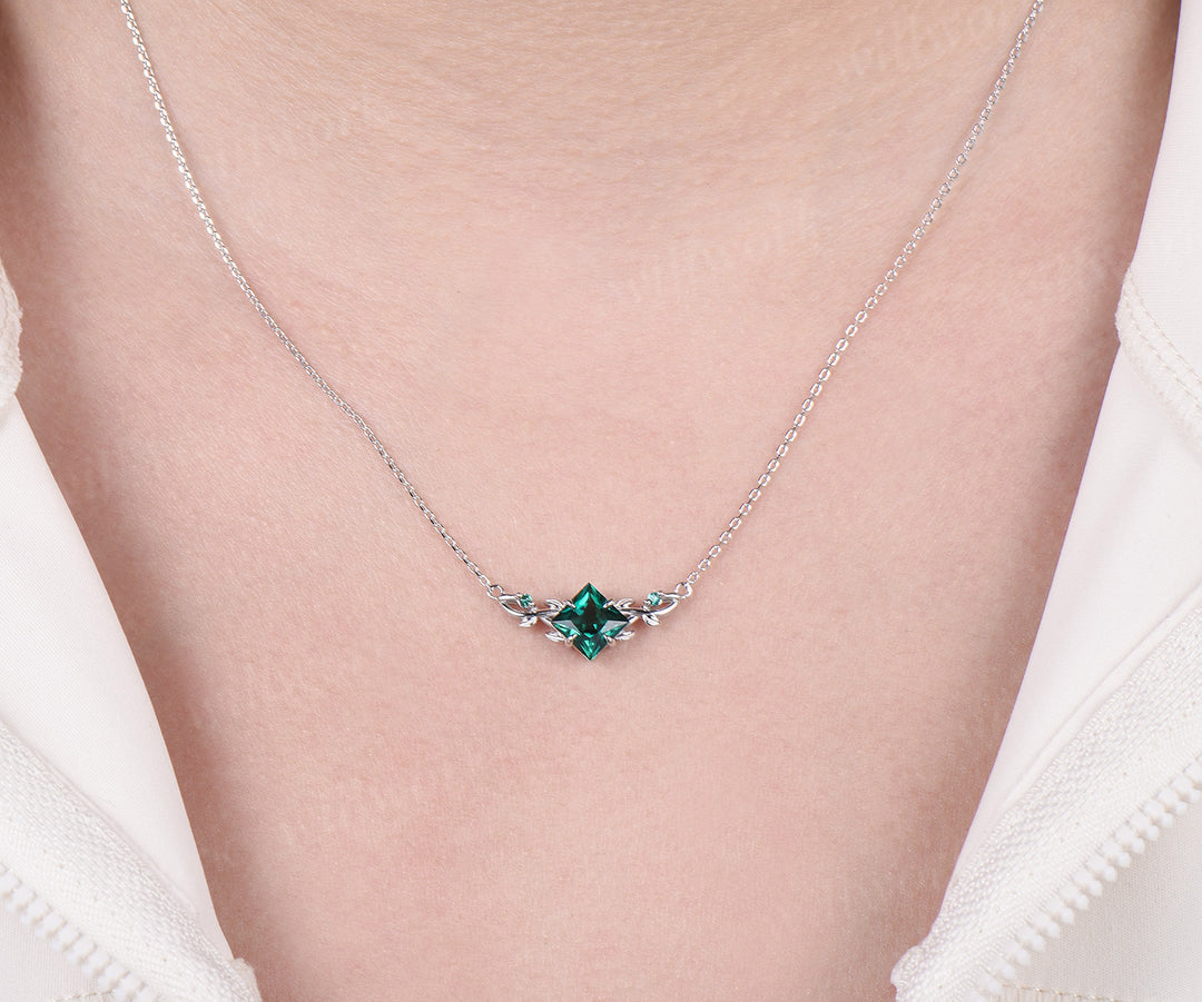 Princess cut emerald leaf necklace 14k white gold Nature Inspired infinity Pendant women three stone anniversary gift