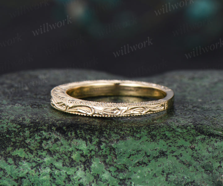 Filigree Milgrain Edge wedding band solid 14k yelllow gold Plain Floral Design Retro Vintage Anniversary Ring gift