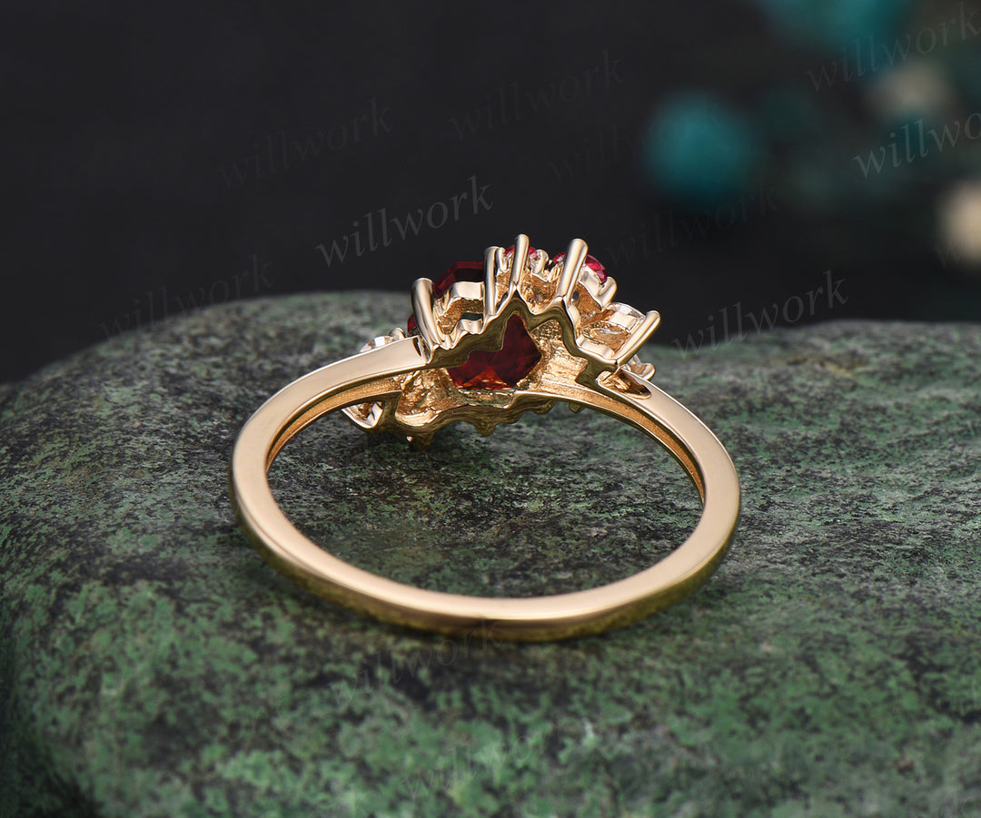 Hexagon cut red ruby engagement ring cluster diamond ring 14k yellow gold unique wedding ring