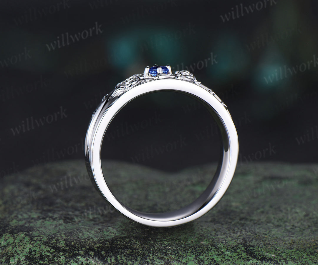 Round blue sapphire mens wedding band solid 14k white gold leaf floral wedding ring unique anniversary ring gift nature inspired Engagement Ring