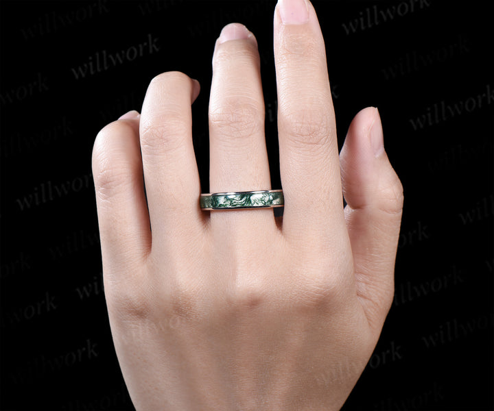 Full eternity natural moss agate wedding ring mens solid 14k 18k white gold unique wedding bridal ring women