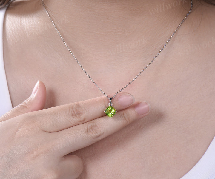 Dainty cushion cut peridot Necklace solid 14k white gold square cut Solitaire Pendant Minimalist anniversary gift August birthstone