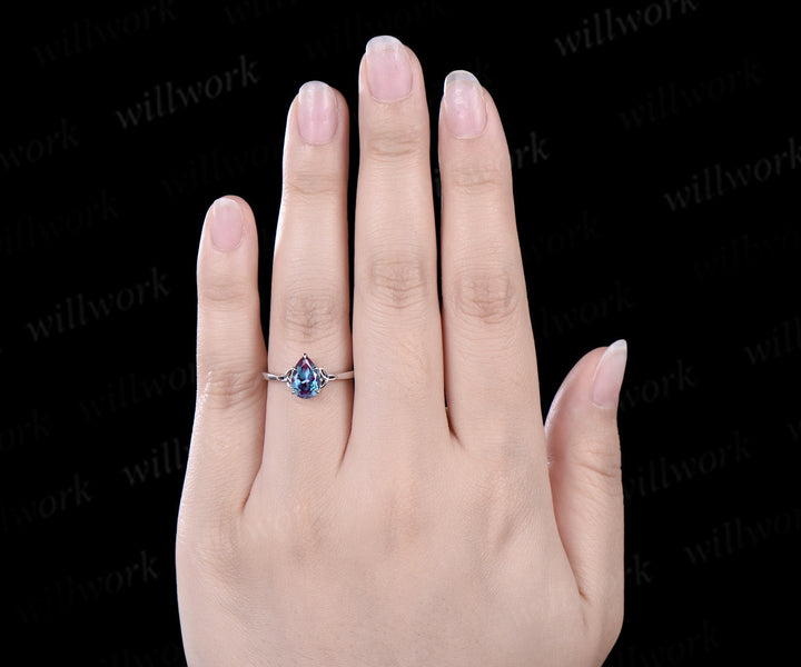 Unique pear shaped alexandrite engagement ring set rose gold silver Celtic Knot Norse Viking ring band vintage moissanite wedding ring set