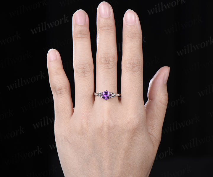 Hexagon amethyst ring vintage white gold Celtic knot princess cut amethyst ring women five stone unique engagement ring jewelry gift