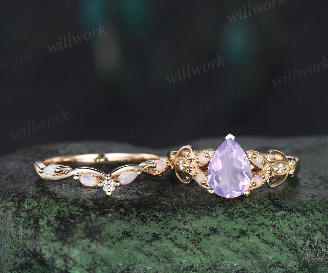 Vintage pear Lavender Amethyst engagement ring set yellow gold butterfly Milgrain opal ring women stacking anniversary ring set gift