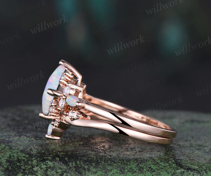 Square white opal engagement ring set cluster diamond rose gold ring women stacking promise wedding ring set