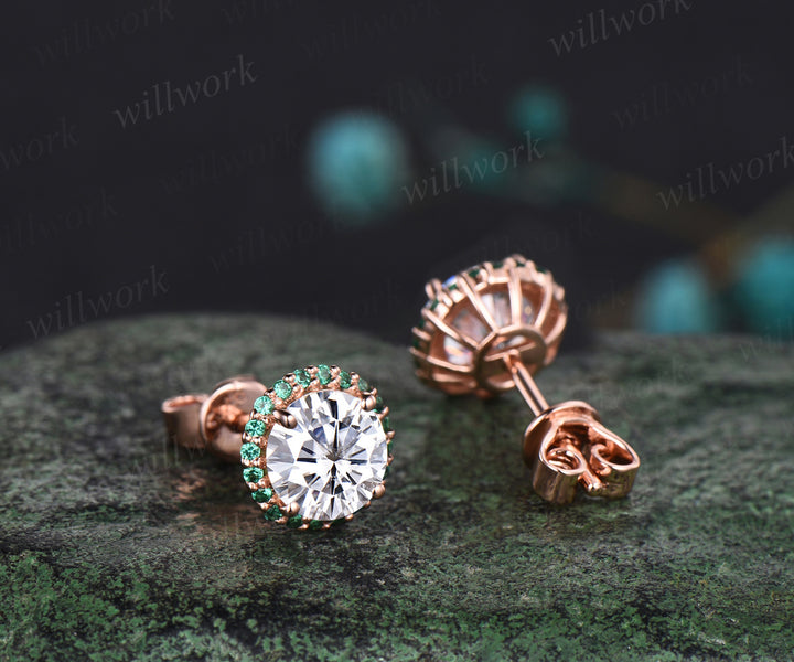 WillWork Jewelry Moissanite Round Cut Earrings Vintage halo Earrings emerald around Promise Earrings