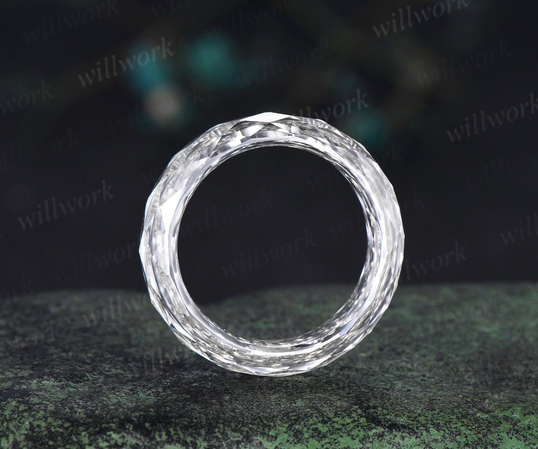 Briolette cut white moissanite wedding band mens full eternity unique bridal engagement ring gift for him husband