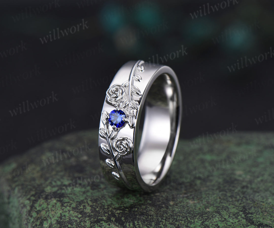 Round blue sapphire mens wedding band solid 14k white gold leaf floral wedding ring unique anniversary ring gift nature inspired Engagement Ring