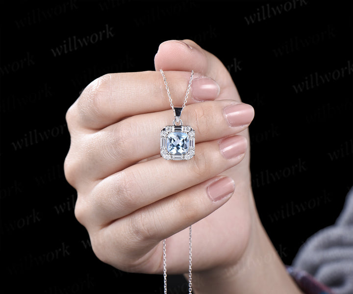 2ct Cushion Cut Natural Aquamarine Moissanite Pendant Necklace Women Solid 14K/18K white Gold Blue Gemstone Pendant Birthday Gift