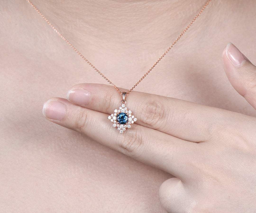 Dainty Round Cut Natural London Blue Topaz Necklace 14k Rose Gold Moissanite Halo Cluster Pendant Minimalist December Birthstone Necklace
